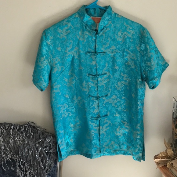 Turquoise blue and gold Chinese Style blouse. - Picture 1 of 4